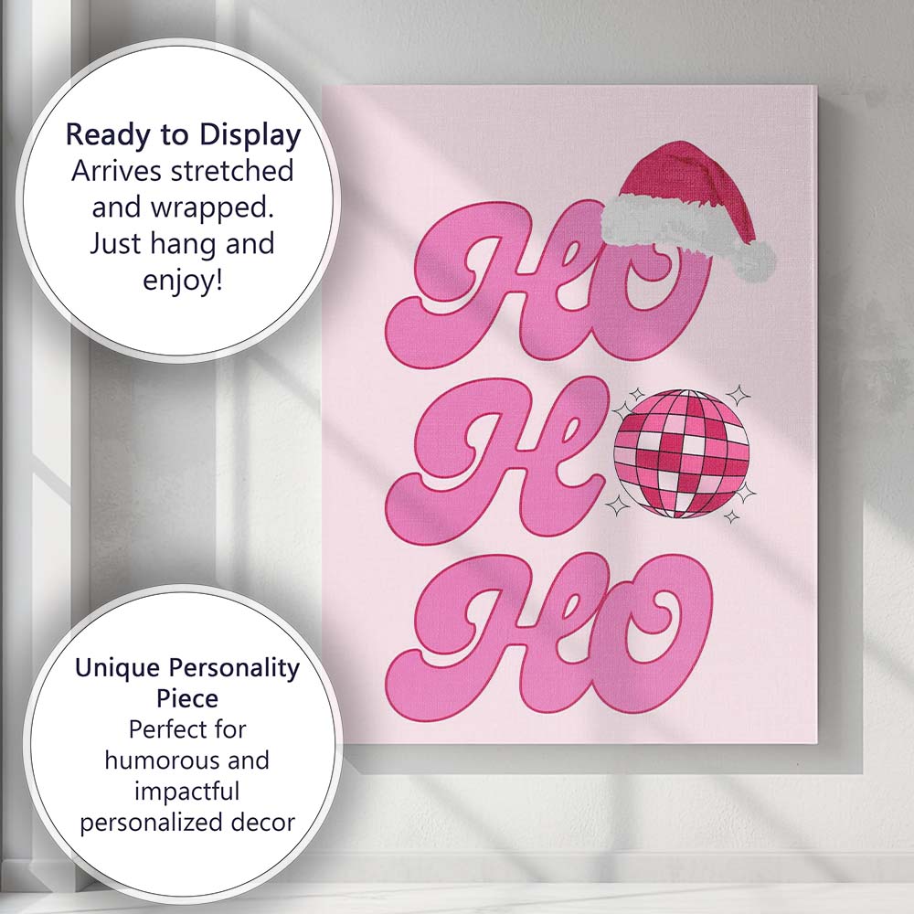 Pink Retro Ho Ho Ho Christmas Disco Typography Canvas Wall Art Print Decor Picture Ready to Hang