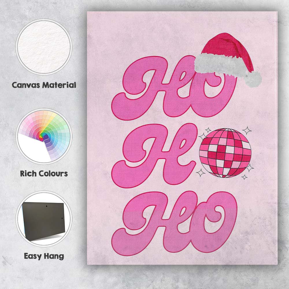Pink Retro Ho Ho Ho Christmas Disco Typography Canvas Wall Art Print Decor Picture Ready to Hang