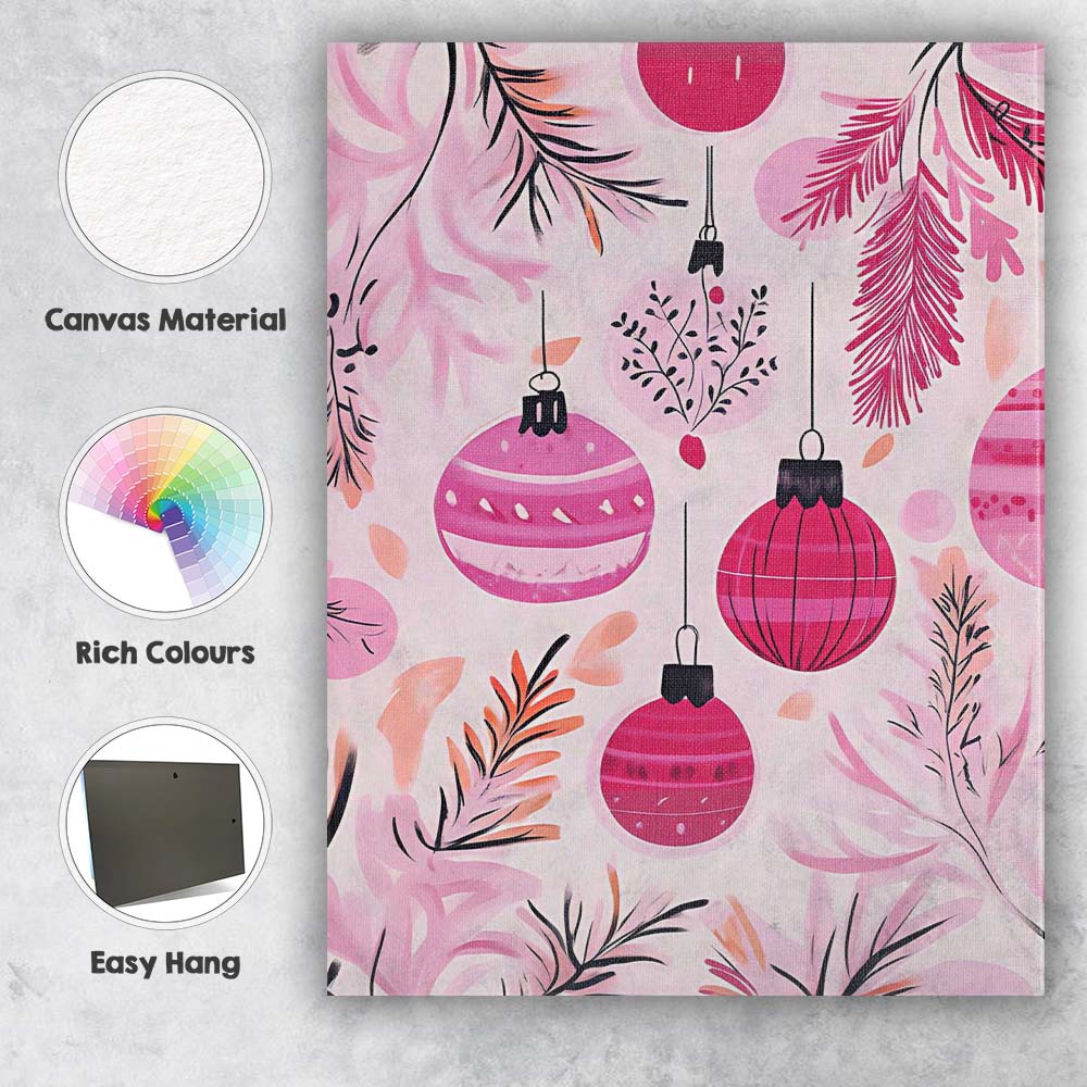 Pink Christmas Baubles Botanical Branches Watercolour Pattern Canvas Wall Art Print Decor Picture Ready to Hang