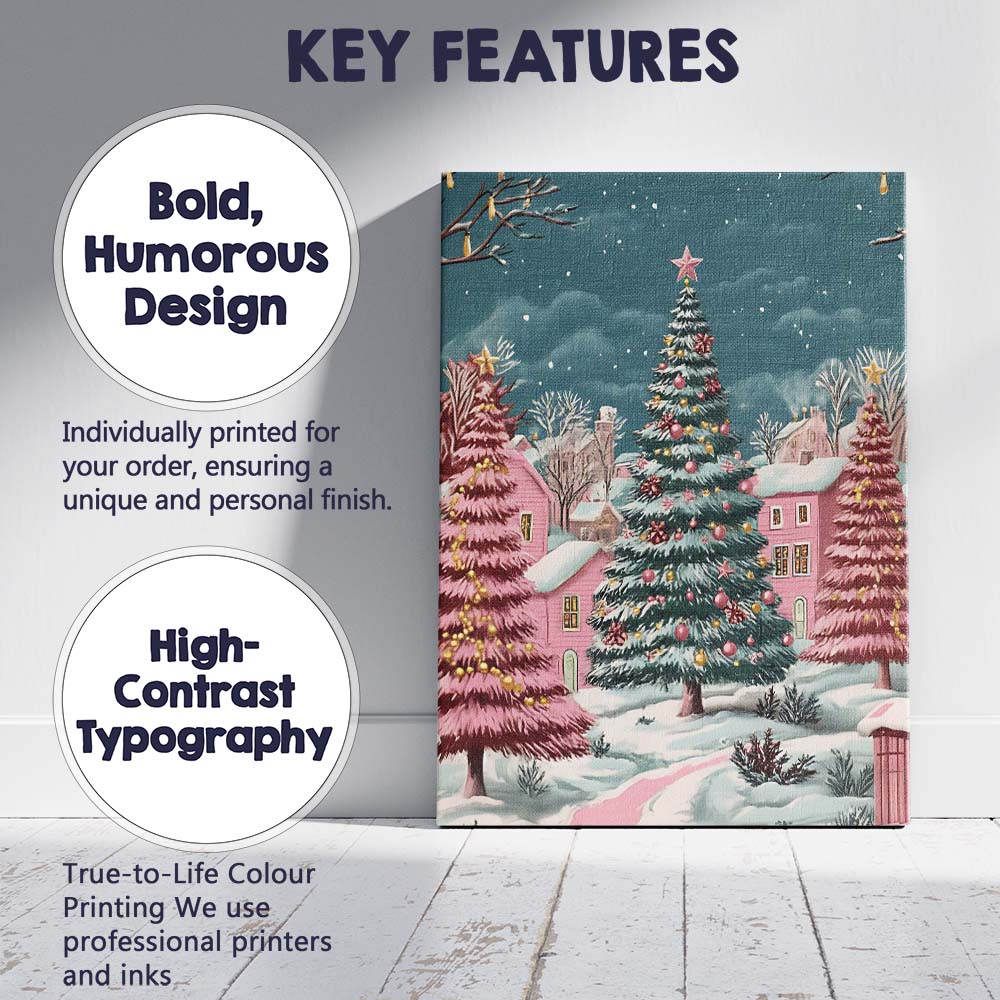 Whimsical Pink Christmas Village Snowy Winter Landscape Canvas Wall Art Print Decor Picture Ready to Hang