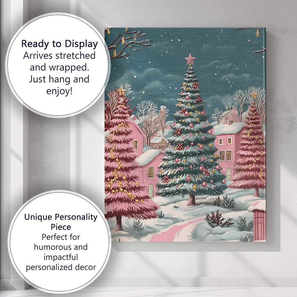 Whimsical Pink Christmas Village Snowy Winter Landscape Canvas Wall Art Print Decor Picture Ready to Hang