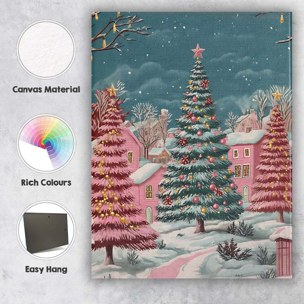 Whimsical Pink Christmas Village Snowy Winter Landscape Canvas Wall Art Print Decor Picture Ready to Hang