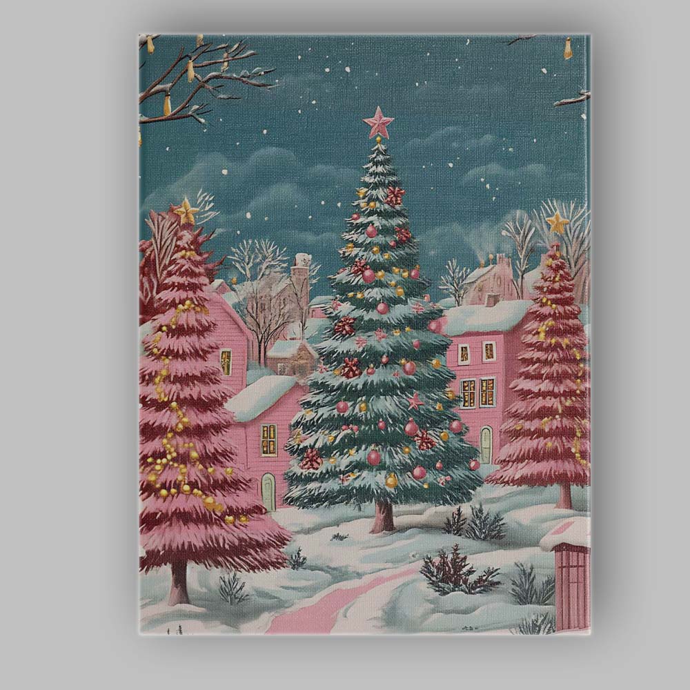 Whimsical Pink Christmas Village Snowy Winter Landscape Canvas Wall Art Print Decor Picture Ready to Hang