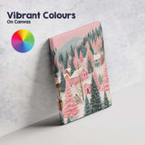 Pastel Pink Winter Village Snow Covered Forest Landscape Canvas Wall Art Print Decor Picture Ready to Hang