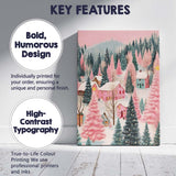 Pastel Pink Winter Village Snow Covered Forest Landscape Canvas Wall Art Print Decor Picture Ready to Hang