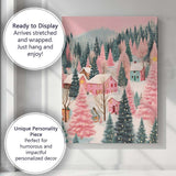Pastel Pink Winter Village Snow Covered Forest Landscape Canvas Wall Art Print Decor Picture Ready to Hang