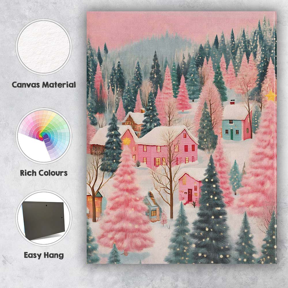Pastel Pink Winter Village Snow Covered Forest Landscape Canvas Wall Art Print Decor Picture Ready to Hang