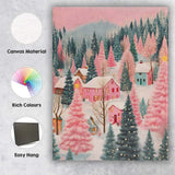 Pastel Pink Winter Village Snow Covered Forest Landscape Canvas Wall Art Print Decor Picture Ready to Hang