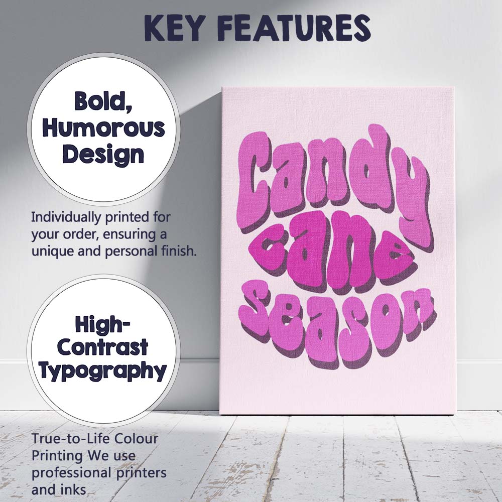 Retro Pink Candy Cane Season Typography Quote Canvas Wall Art Print Decor Picture Ready to Hang