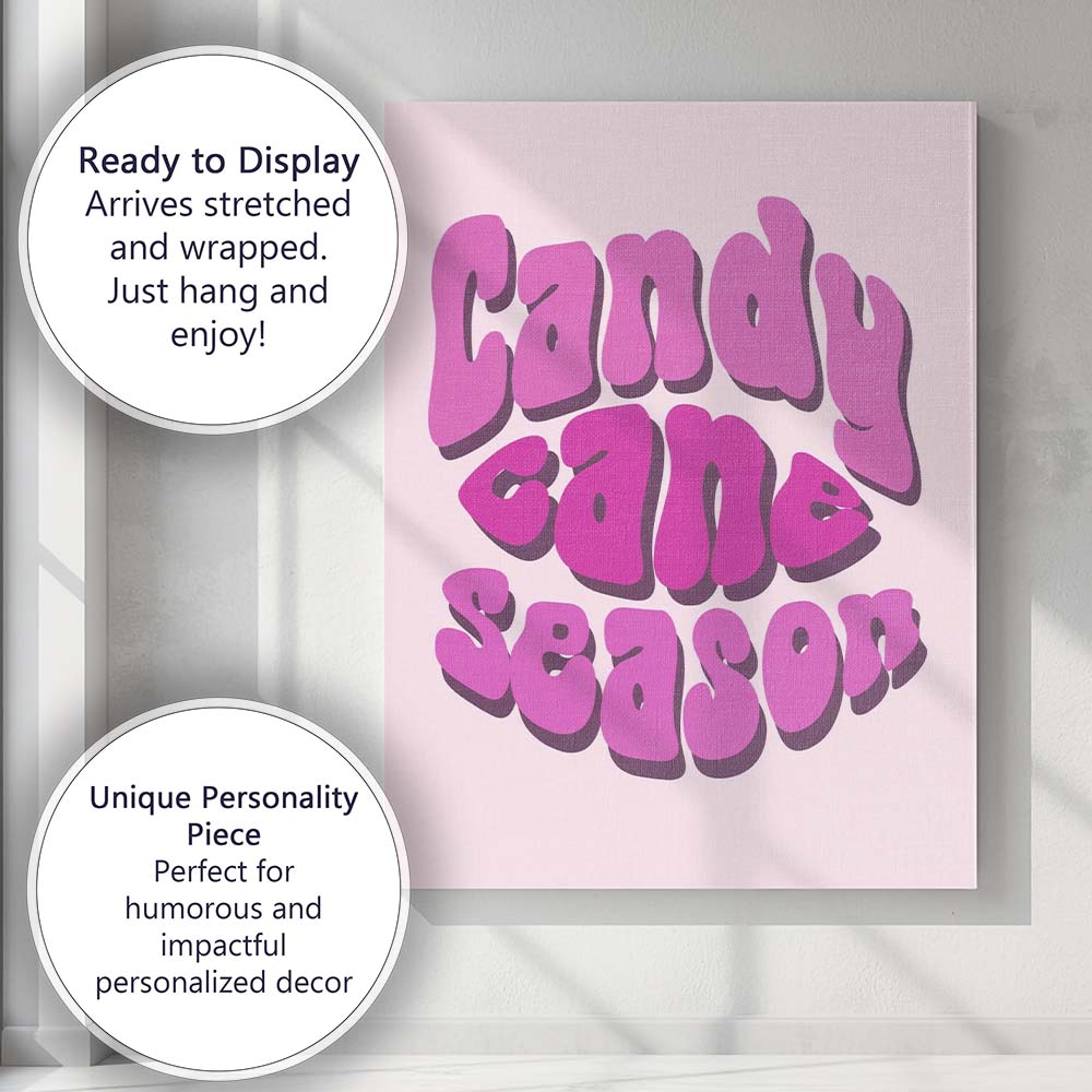 Retro Pink Candy Cane Season Typography Quote Canvas Wall Art Print Decor Picture Ready to Hang