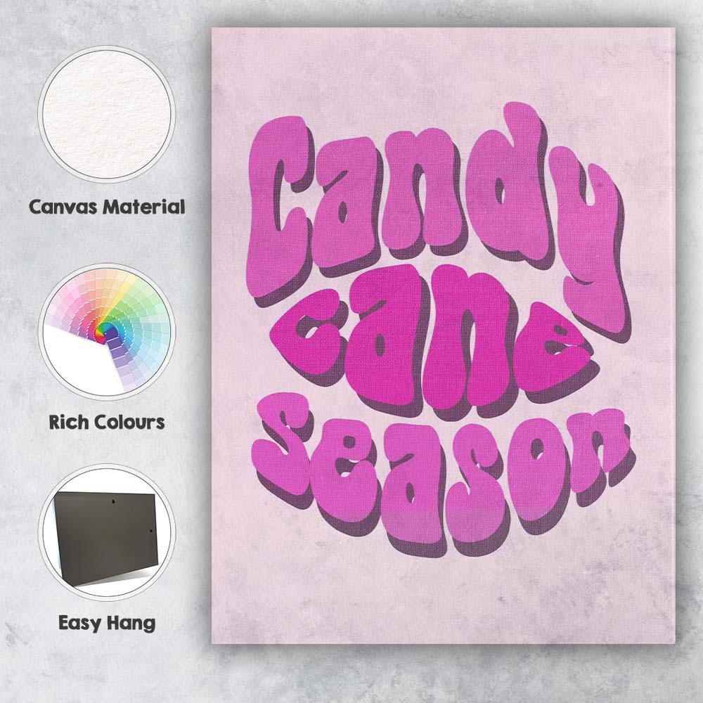 Retro Pink Candy Cane Season Typography Quote Canvas Wall Art Print Decor Picture Ready to Hang