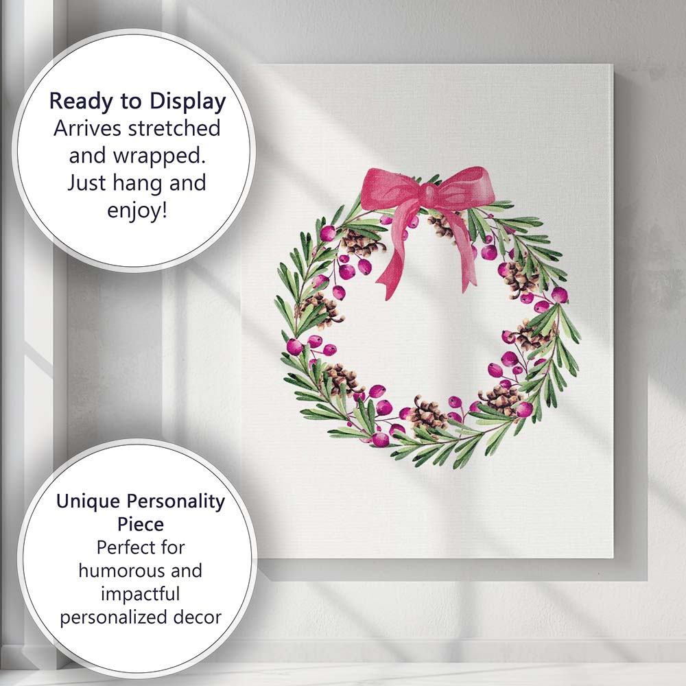 Watercolour Pink Berry Pinecone Christmas Wreath Canvas Wall Art Print Decor Picture Ready to Hang