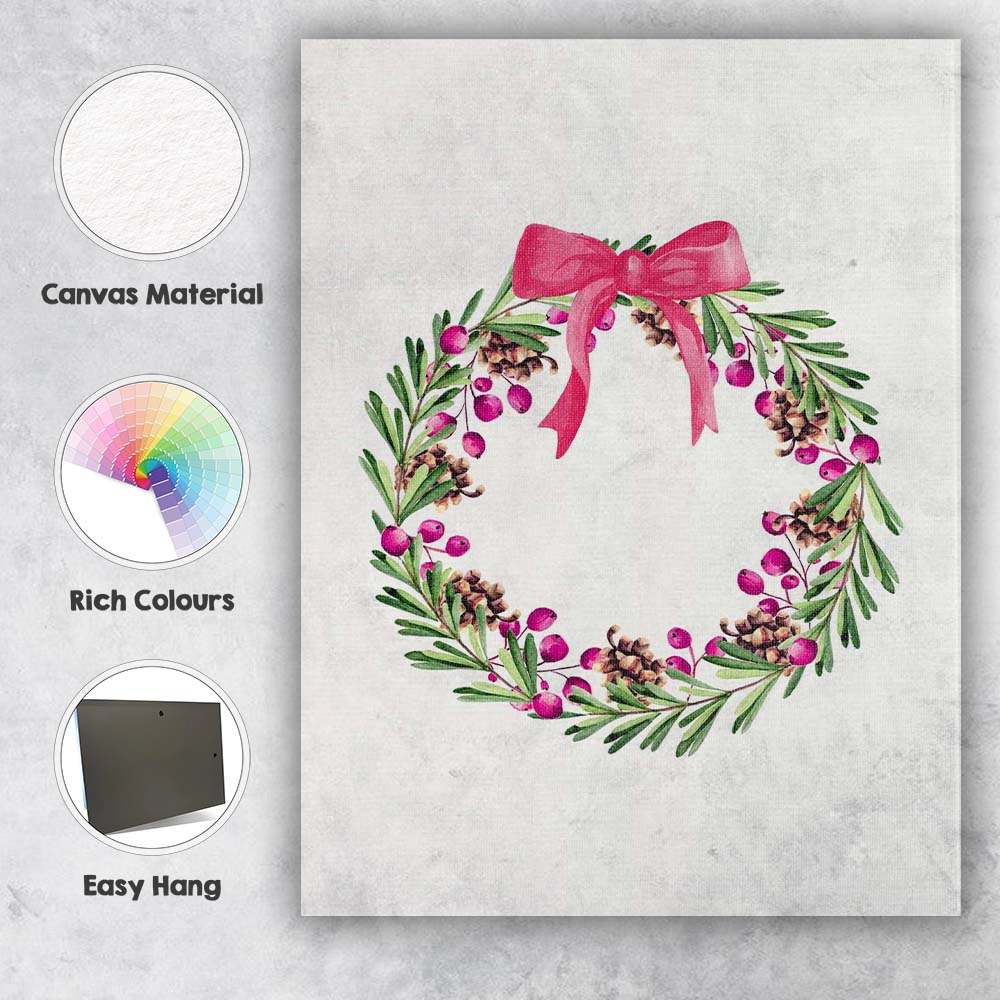 Watercolour Pink Berry Pinecone Christmas Wreath Canvas Wall Art Print Decor Picture Ready to Hang