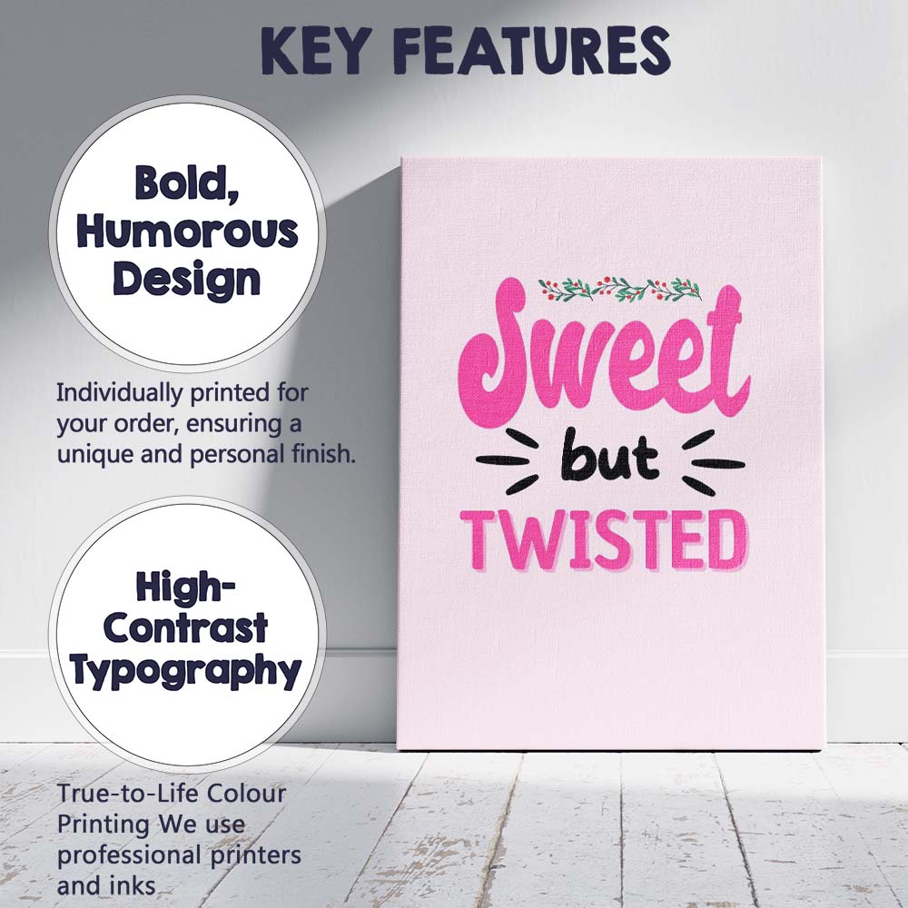 Pink Sweet But Twisted Christmas Typography Quote Canvas Wall Art Print Decor Picture Ready to Hang