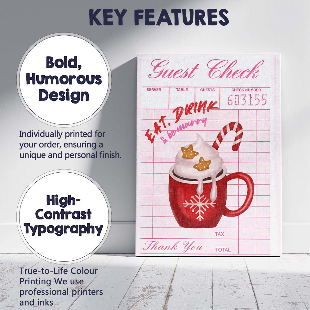 Festive Hot Chocolate Christmas Guest Check Typography Print Canvas Wall Art Print Decor Picture Ready to Hang