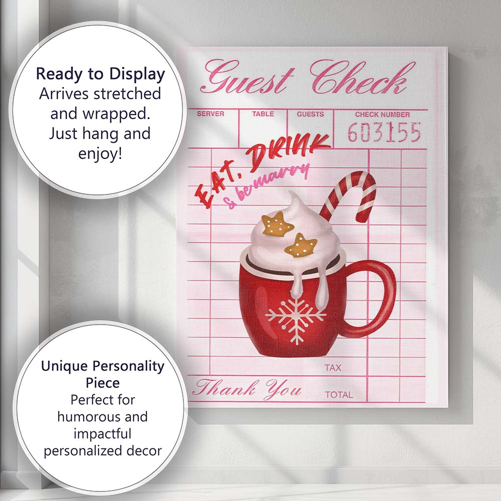 Festive Hot Chocolate Christmas Guest Check Typography Print Canvas Wall Art Print Decor Picture Ready to Hang