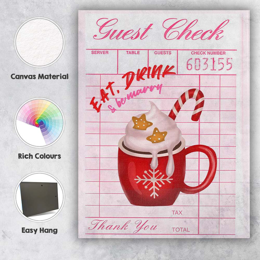 Festive Hot Chocolate Christmas Guest Check Typography Print Canvas Wall Art Print Decor Picture Ready to Hang