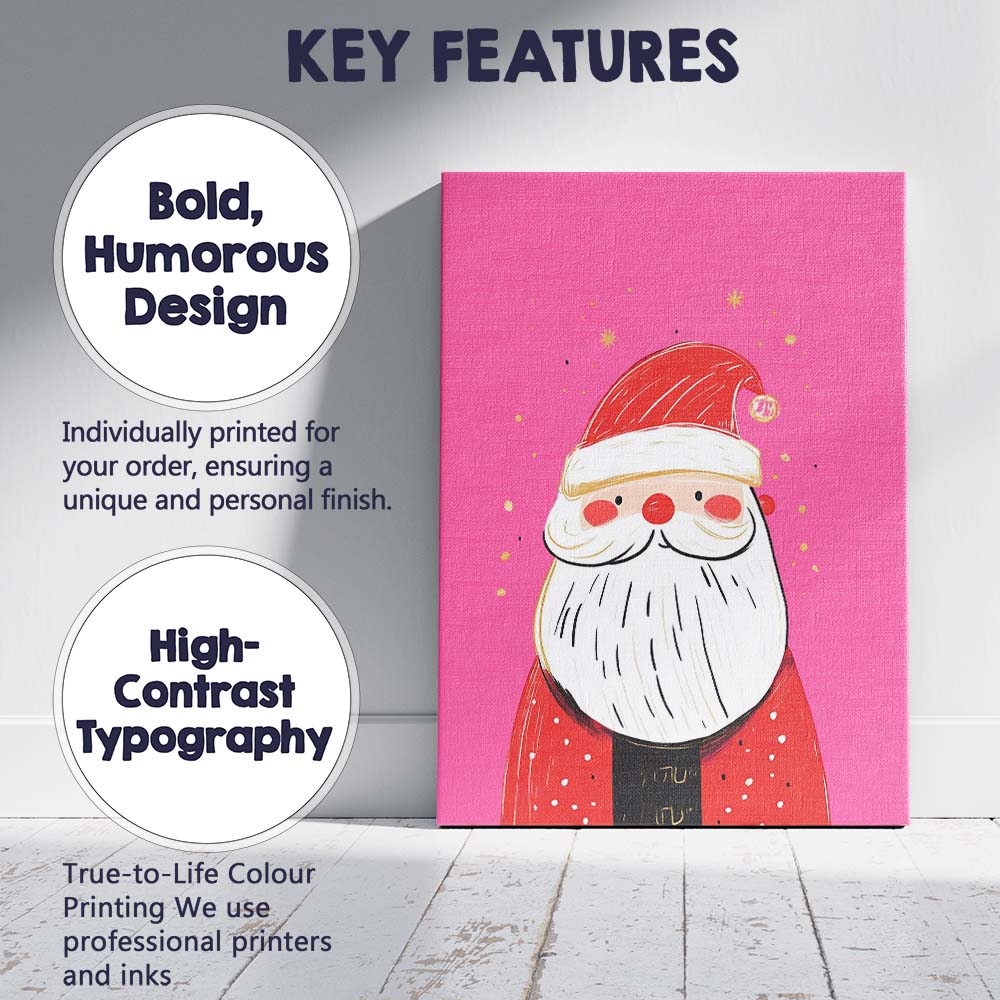 Cute Pink Santa Claus Minimalist Christmas Illustration Canvas Wall Art Print Decor Picture Ready to Hang