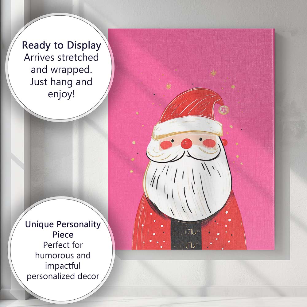 Cute Pink Santa Claus Minimalist Christmas Illustration Canvas Wall Art Print Decor Picture Ready to Hang