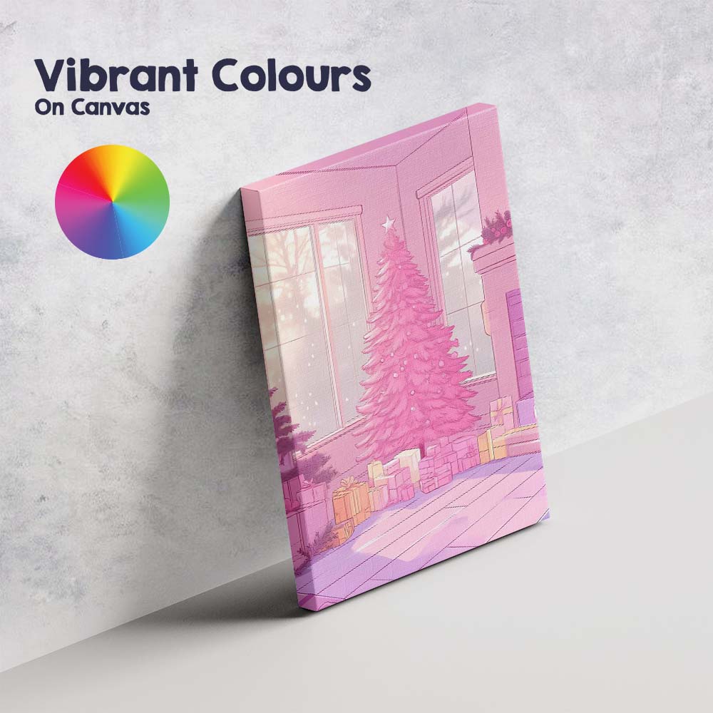 Pastel Pink Christmas Tree Cosy Living Room Winter Scene Canvas Wall Art Print Decor Picture Ready to Hang