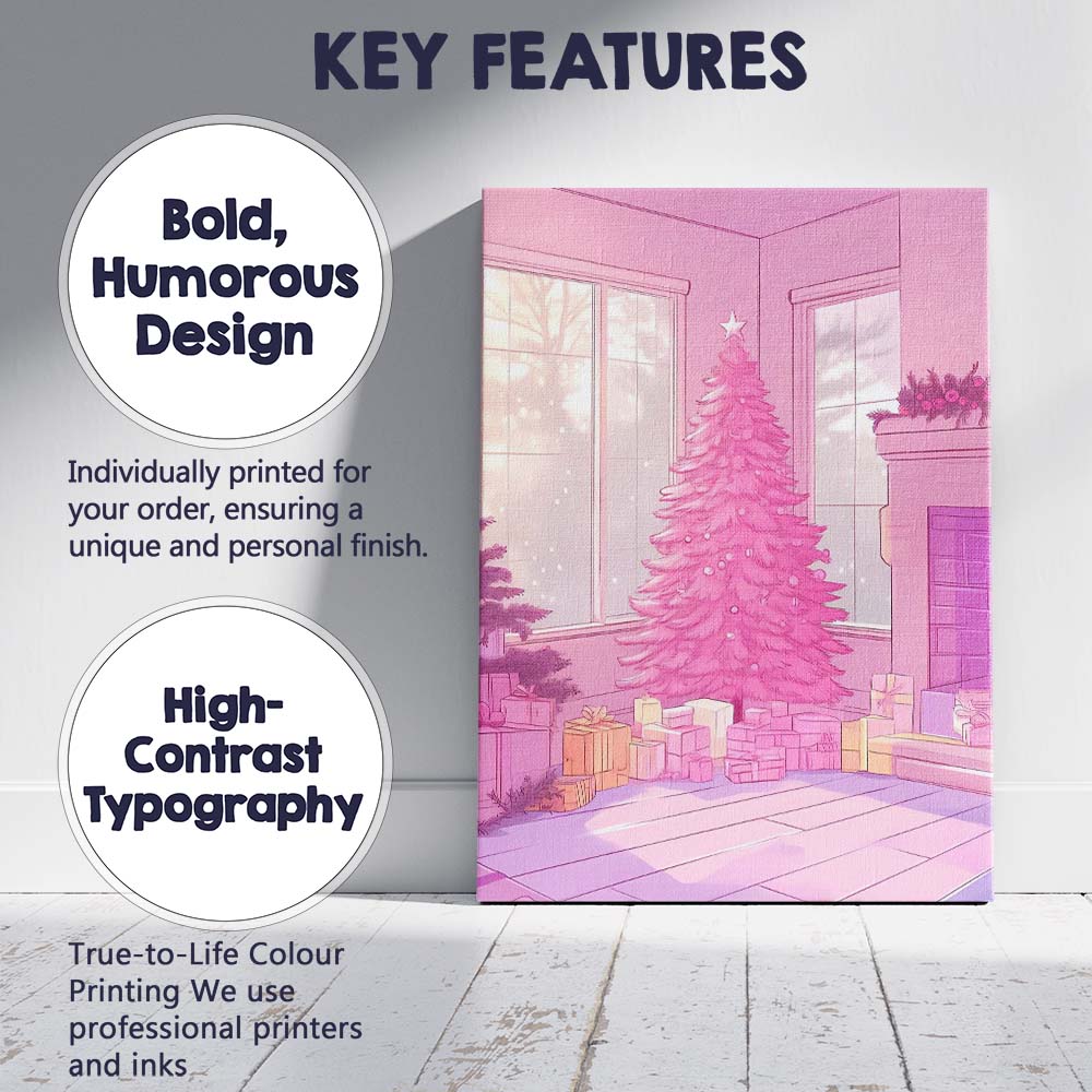 Pastel Pink Christmas Tree Cosy Living Room Winter Scene Canvas Wall Art Print Decor Picture Ready to Hang