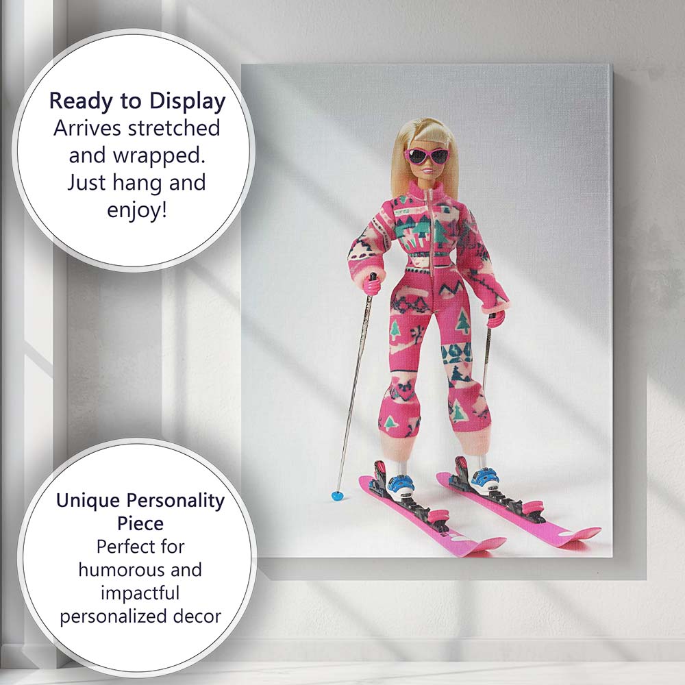 Fashion Doll Pink Ski Outfit Winter Sports Illustration Canvas Wall Art Print Decor Picture Ready to Hang