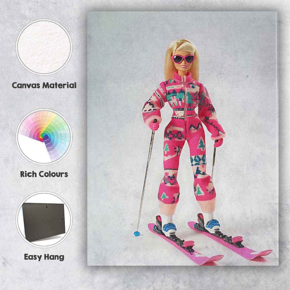 Fashion Doll Pink Ski Outfit Winter Sports Illustration Canvas Wall Art Print Decor Picture Ready to Hang