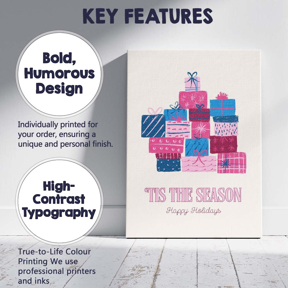 Retro Tis The Season Happy Holidays Gift Boxes Typography Canvas Wall Art Print Decor Picture Ready to Hang