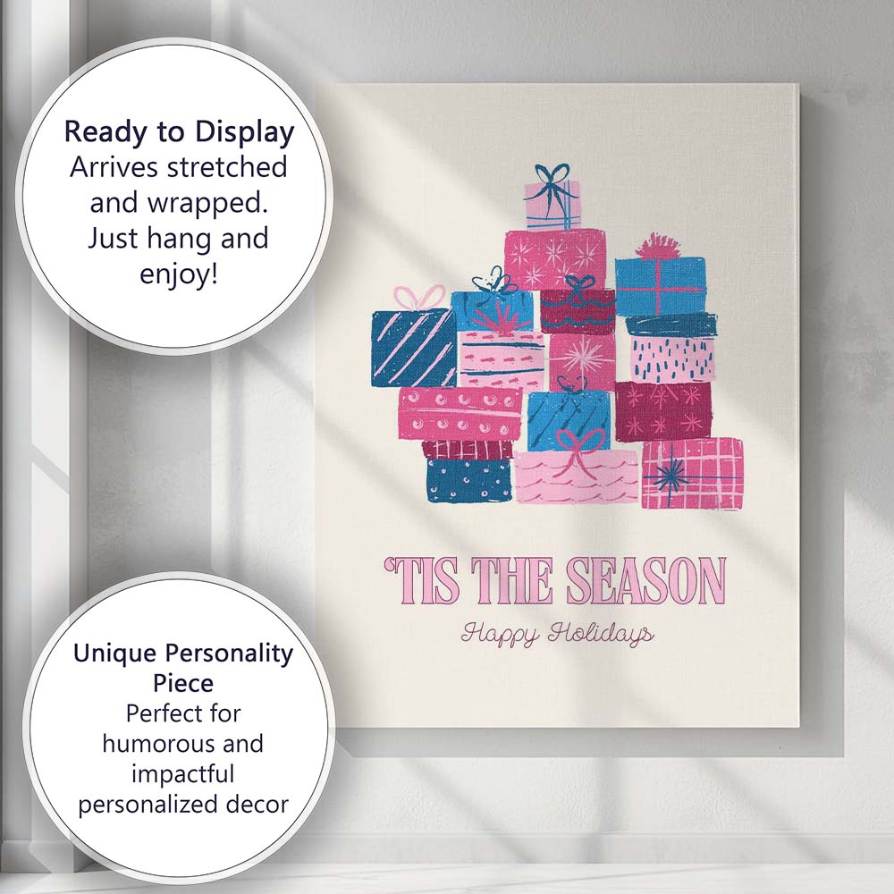 Retro Tis The Season Happy Holidays Gift Boxes Typography Canvas Wall Art Print Decor Picture Ready to Hang