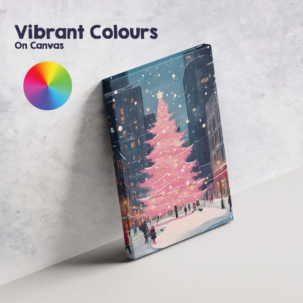 Pink Christmas Tree Snowy City Street Winter Night Canvas Wall Art Print Decor Picture Ready to Hang