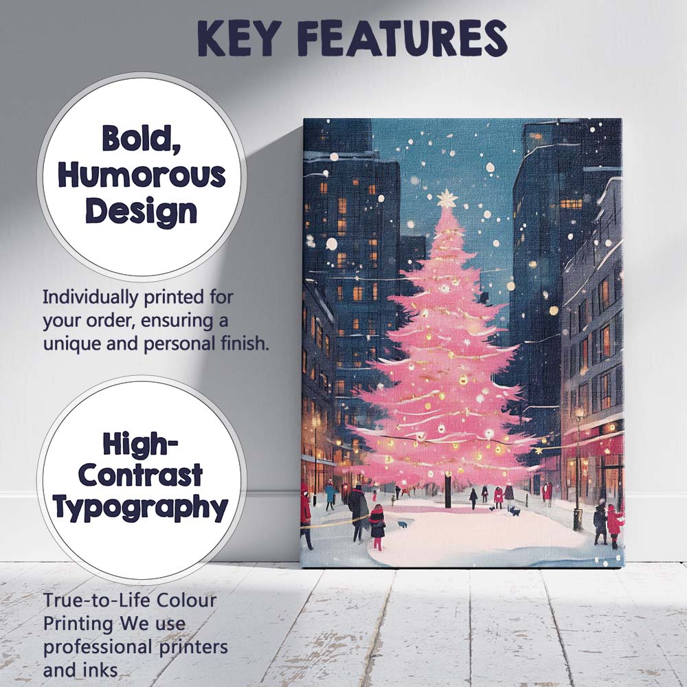 Pink Christmas Tree Snowy City Street Winter Night Canvas Wall Art Print Decor Picture Ready to Hang