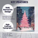 Pink Christmas Tree Snowy City Street Winter Night Canvas Wall Art Print Decor Picture Ready to Hang