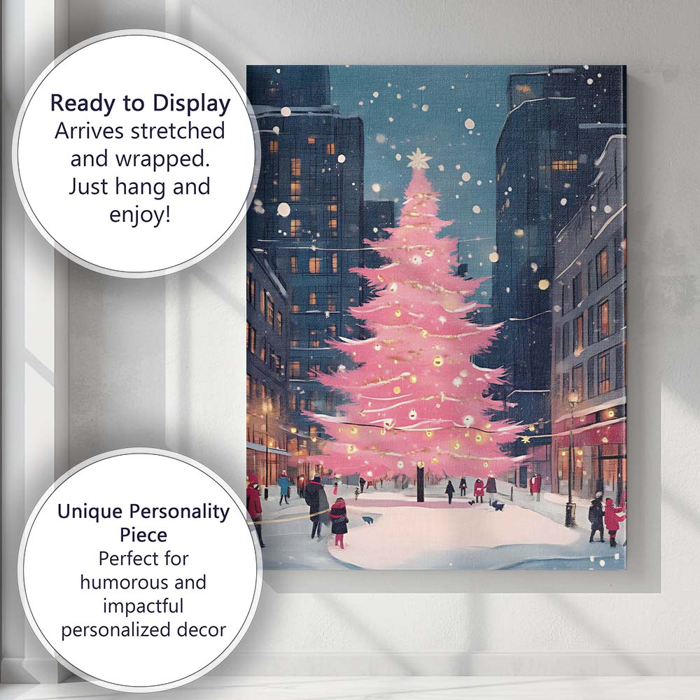 Pink Christmas Tree Snowy City Street Winter Night Canvas Wall Art Print Decor Picture Ready to Hang