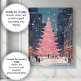 Pink Christmas Tree Snowy City Street Winter Night Canvas Wall Art Print Decor Picture Ready to Hang