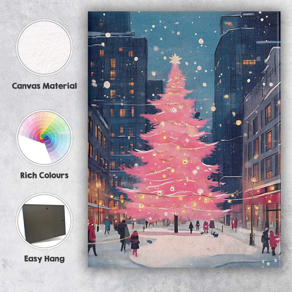 Pink Christmas Tree Snowy City Street Winter Night Canvas Wall Art Print Decor Picture Ready to Hang