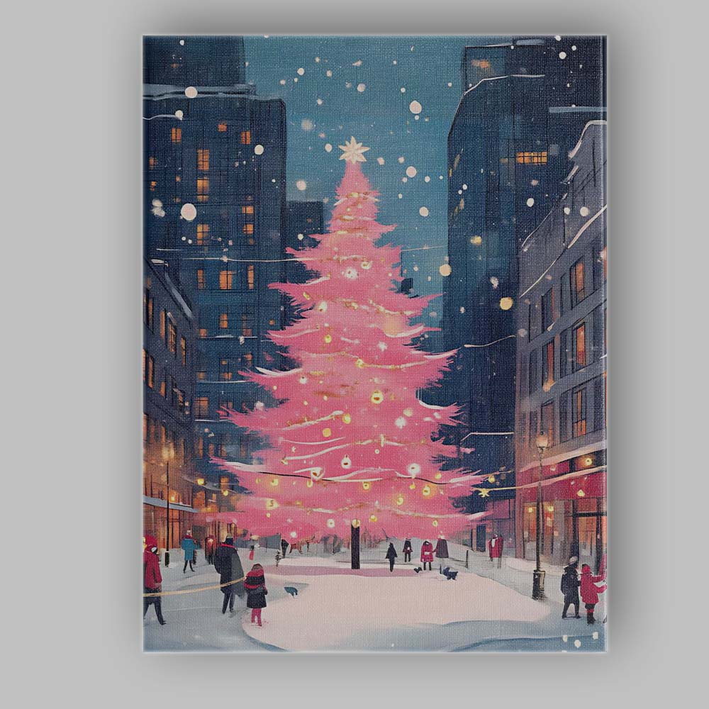Pink Christmas Tree Snowy City Street Winter Night Canvas Wall Art Print Decor Picture Ready to Hang