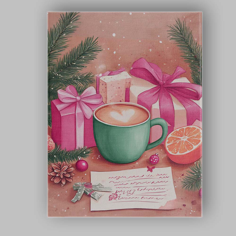 Cosy Christmas Coffee Gift Boxes Winter Watercolour Still Life Canvas Wall Art Print Decor Picture Ready to Hang