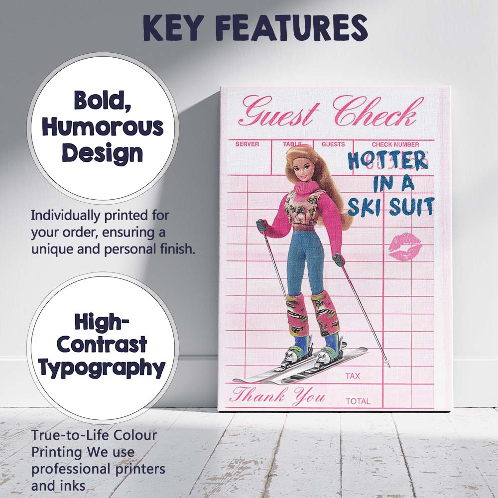 Retro Barbie Inspired Ski Fashion Guest Check Typography Canvas Wall Art Print Decor Picture Ready to Hang