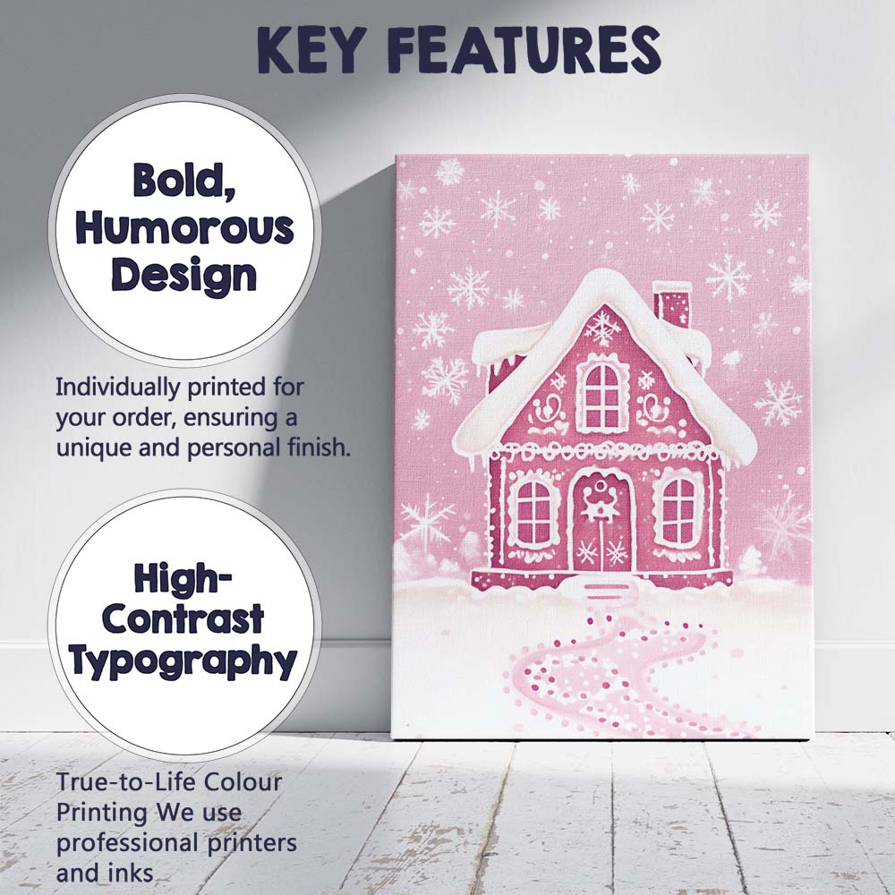 Pink Gingerbread House Snowflake Winter Wonderland Canvas Wall Art Print Decor Picture Ready to Hang