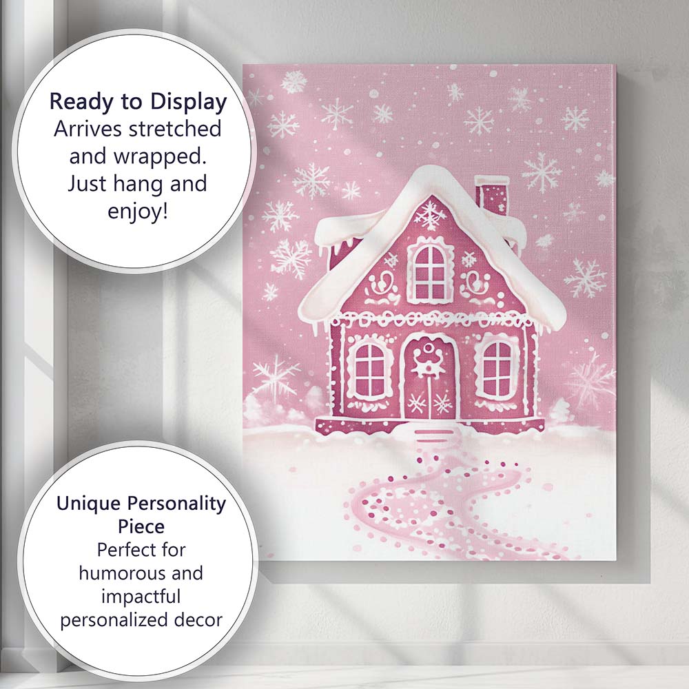 Pink Gingerbread House Snowflake Winter Wonderland Canvas Wall Art Print Decor Picture Ready to Hang