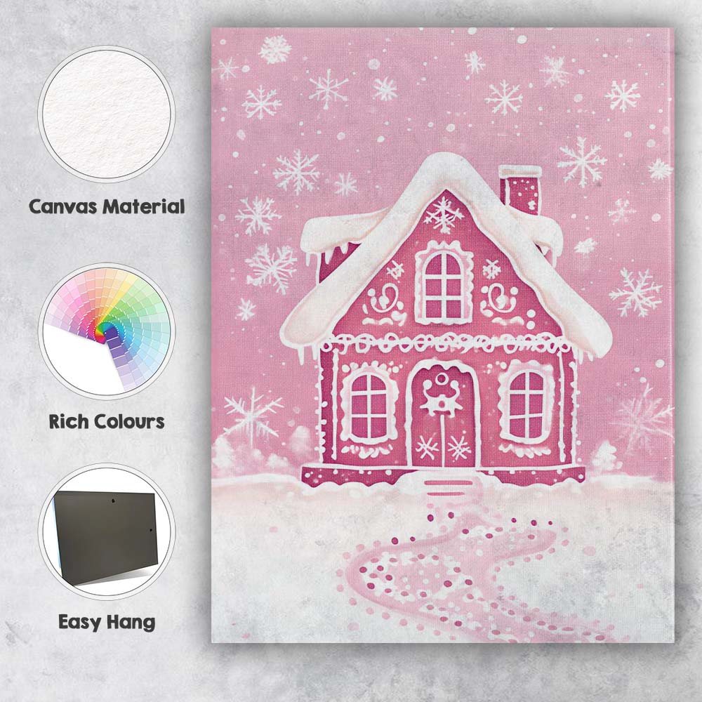 Pink Gingerbread House Snowflake Winter Wonderland Canvas Wall Art Print Decor Picture Ready to Hang