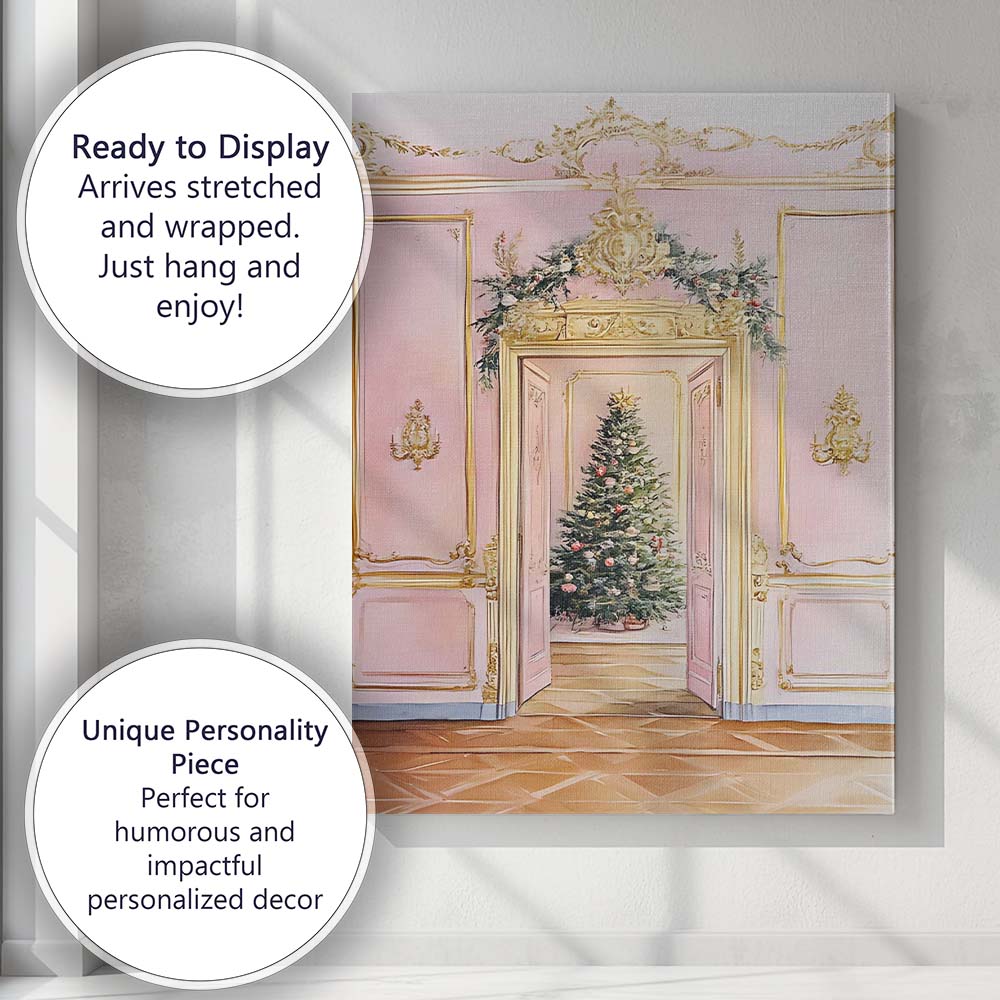 Elegant Pink And Gold Christmas Tree Palace Interior Canvas Wall Art Print Decor Picture Ready to Hang