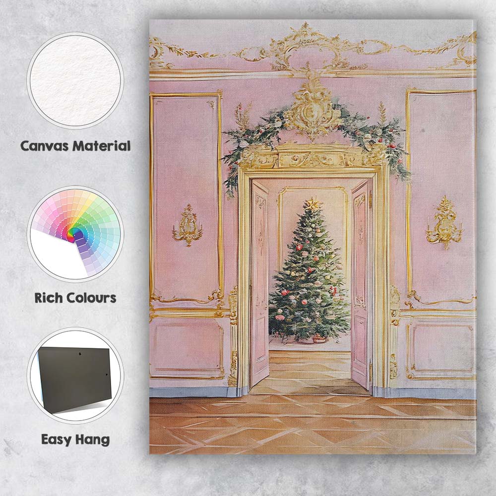 Elegant Pink And Gold Christmas Tree Palace Interior Canvas Wall Art Print Decor Picture Ready to Hang