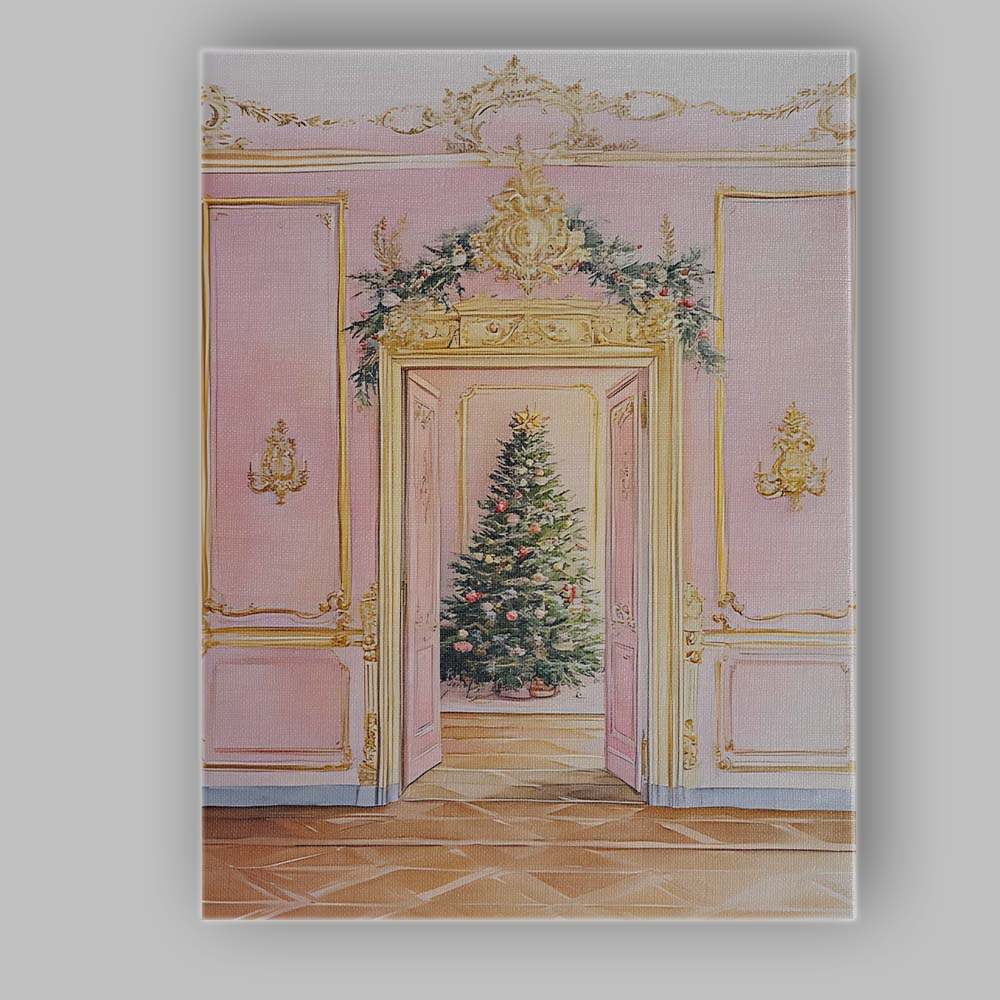 Elegant Pink And Gold Christmas Tree Palace Interior Canvas Wall Art Print Decor Picture Ready to Hang