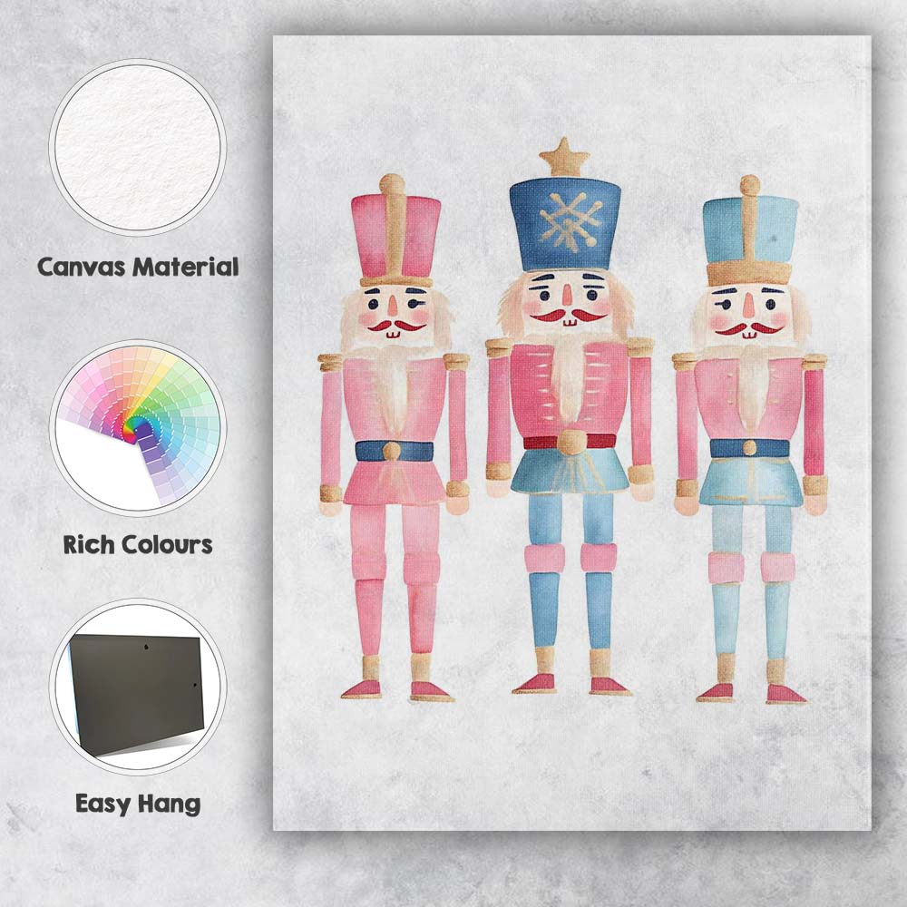 Pastel Pink And Blue Nutcracker Trio Watercolour Christmas Illustration Canvas Wall Art Print Decor Picture Ready to Hang