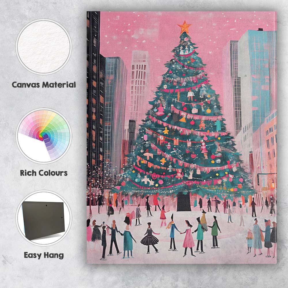 Modern City Christmas Tree Ice Skating Winter Scene Canvas Wall Art Print Decor Picture Ready to Hang