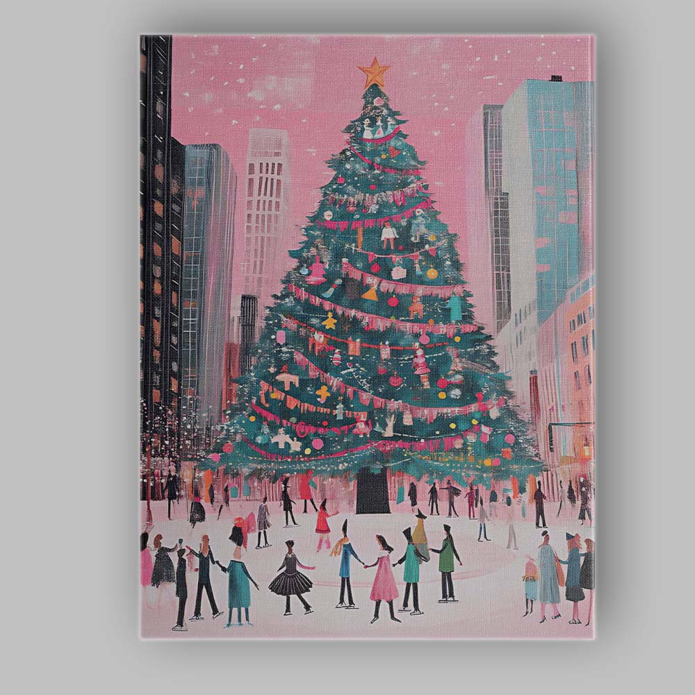 Modern City Christmas Tree Ice Skating Winter Scene Canvas Wall Art Print Decor Picture Ready to Hang