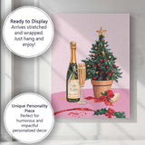 Festive Champagne Bottle Christmas Tree Celebration Watercolour Canvas Wall Art Print Decor Picture Ready to Hang