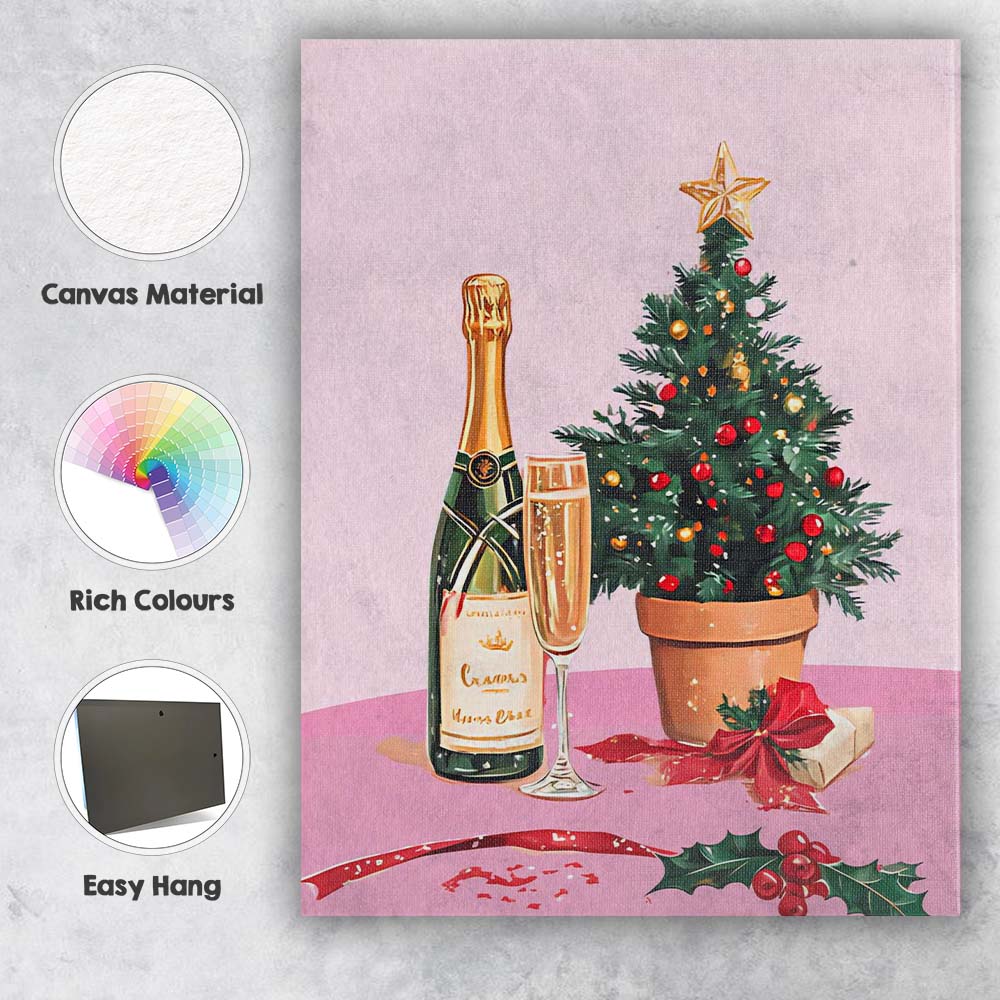 Festive Champagne Bottle Christmas Tree Celebration Watercolour Canvas Wall Art Print Decor Picture Ready to Hang