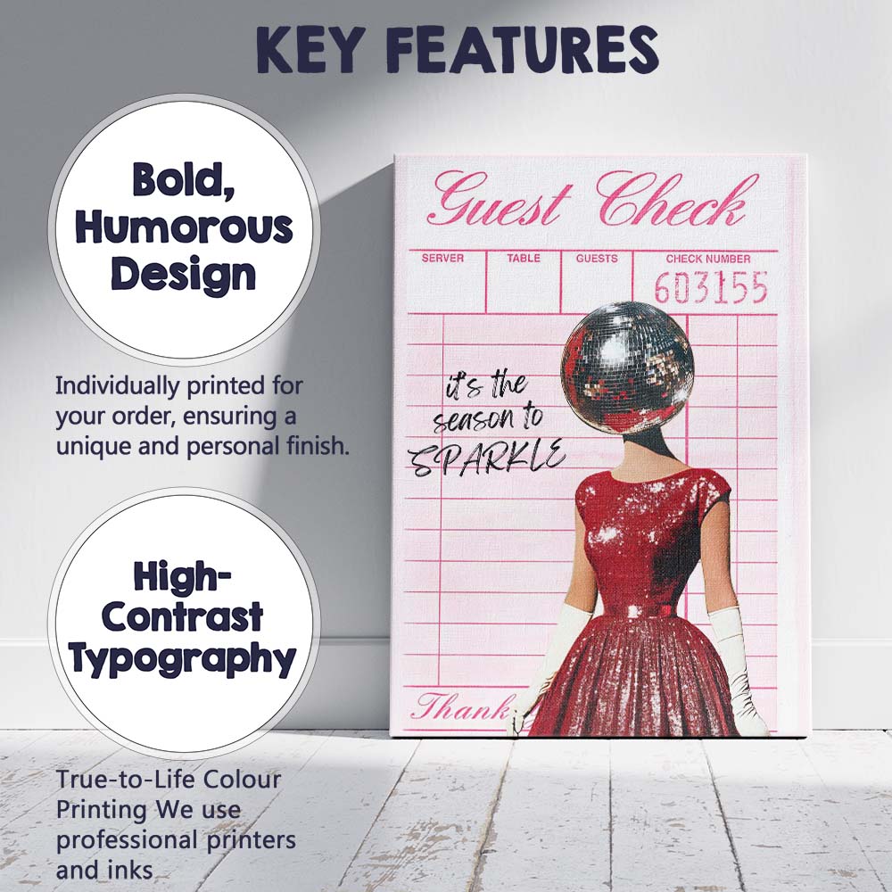 Retro Guest Check Disco Ball Christmas Party Typography Canvas Wall Art Print Decor Picture Ready to Hang
